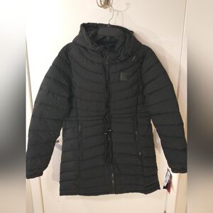 Reebok Puffer Jacket Womens, Black Full Zip Hooded, Light weight, Size L.